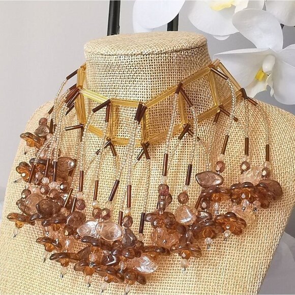 CZECH Amber glass flower cascade choker necklace collier - Picture 8 of 8